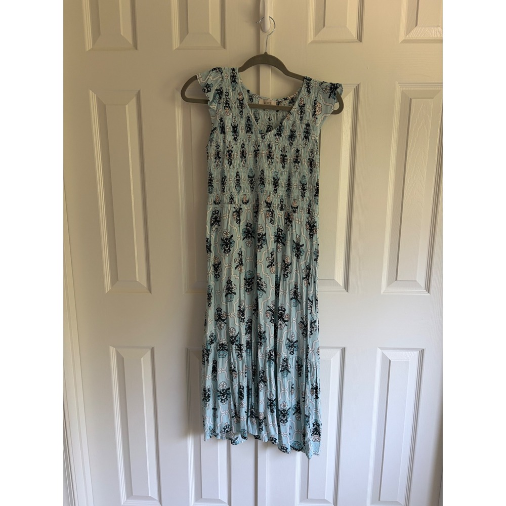 Loft Outlet Midi Dress Womens Medium Blue Floral Smocked Flutter Sleeve Boho